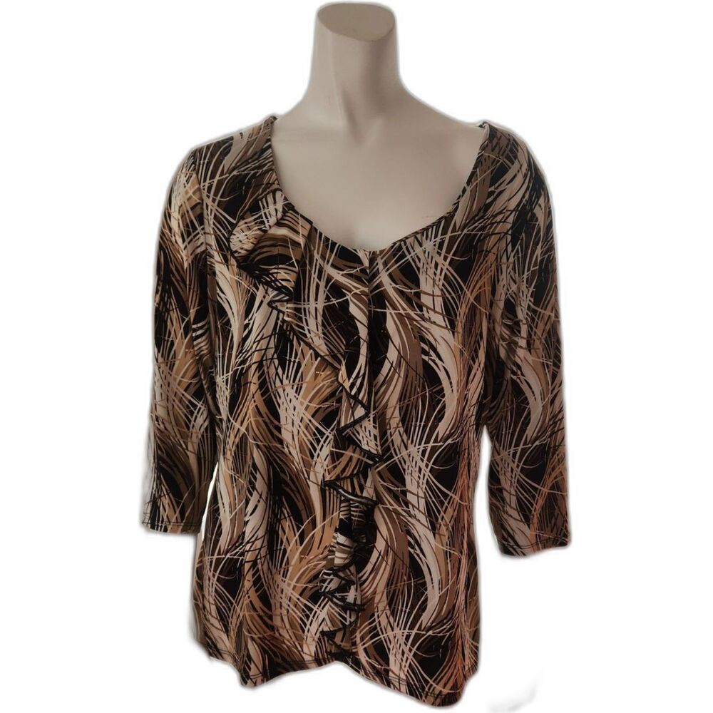 East Fifth Black Tan Abstract Pattern Ruffle Front Blouse Womens Size XL